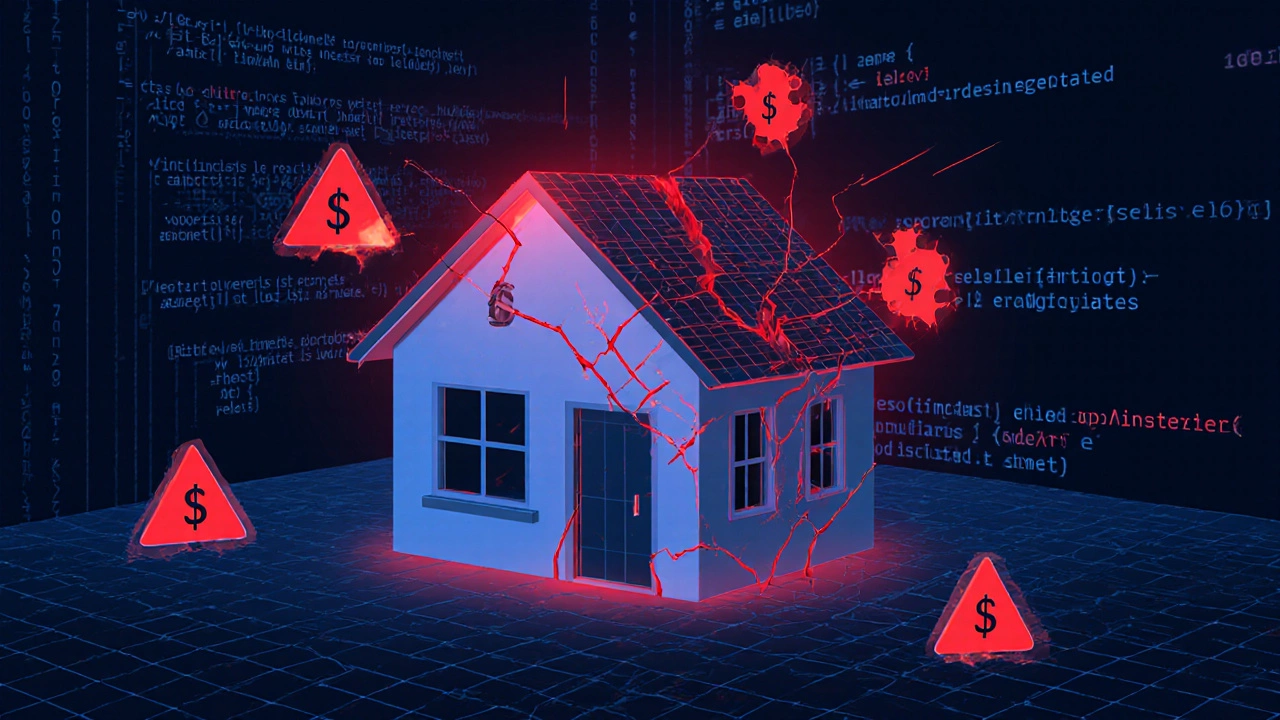 A digital algorithm breaking apart over a house, revealing hidden damage and financial warnings.