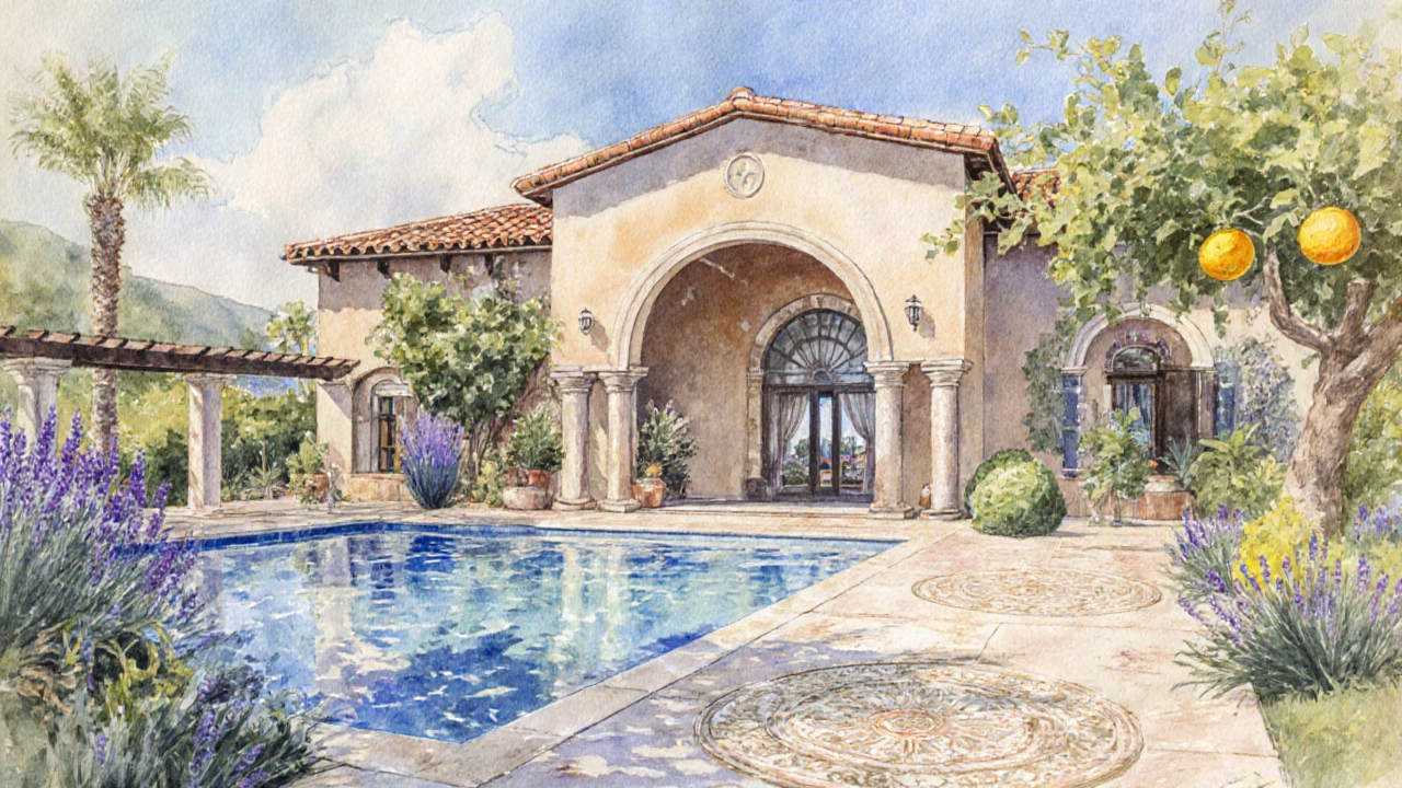 A Mediterranean‑style villa with a pool, garden, and elegant stone façade.