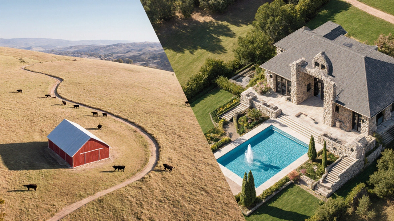 Aerial split view showing a large ranch on the left and a compact villa on the right.