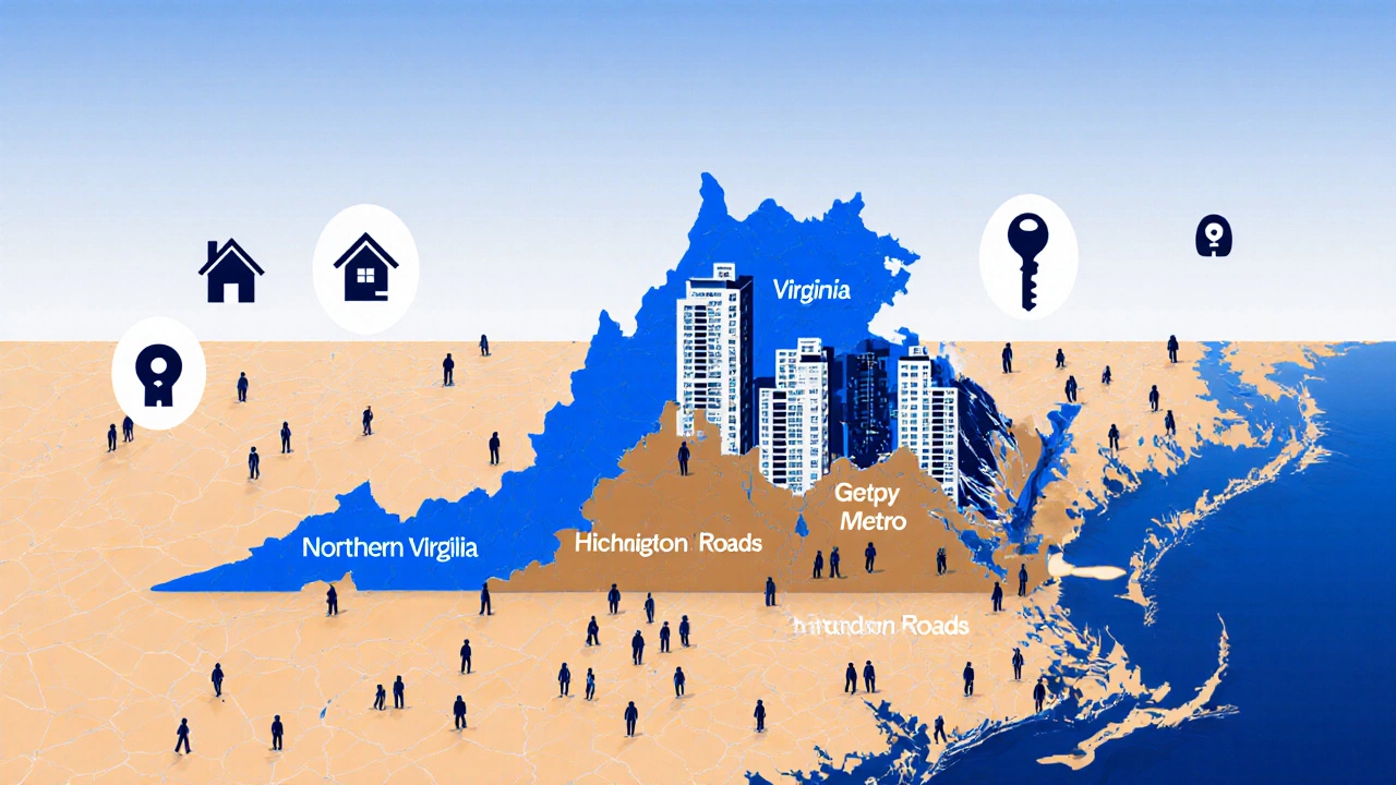 Aerial view of Virginia regions with clusters of affordable apartment buildings and residents.