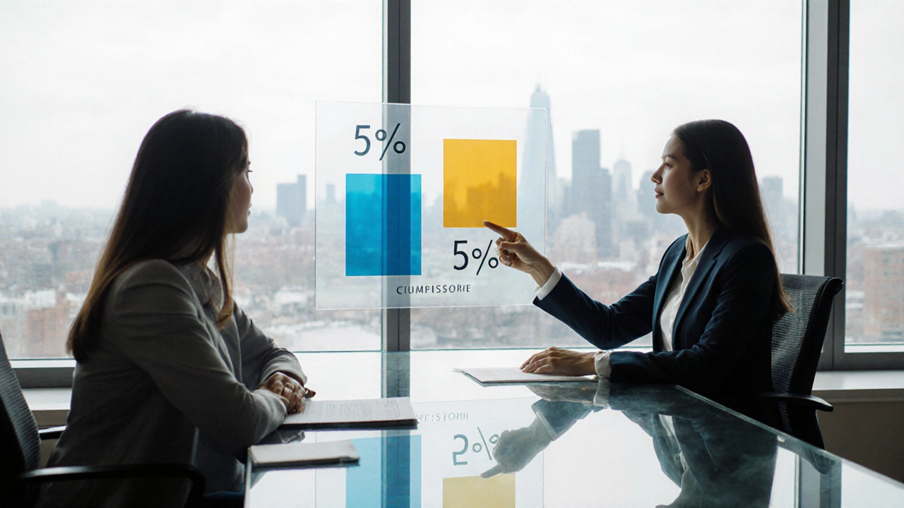 Agents in a bright office reviewing abstract commission split overlay.
