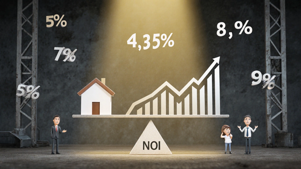 Balance scale weighing property value against rising interest rates, with financial numbers and NOI highlighted.