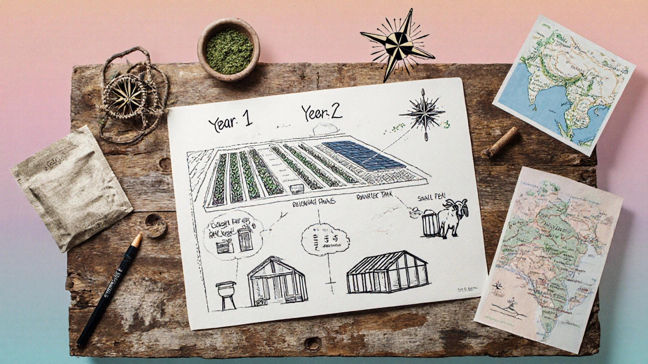 Collage of a phased homestead development plan with garden, solar, and livestock sketches.
