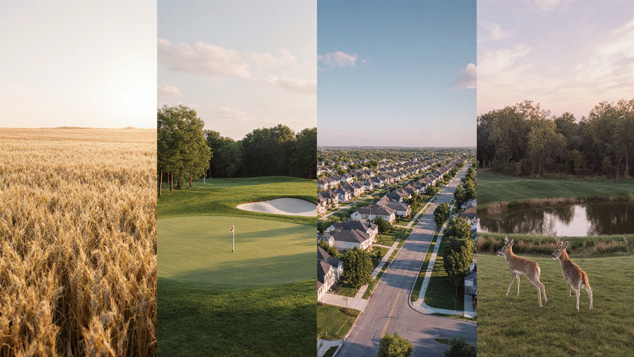 Collage of wheat field, golf course, housing development, and wildlife sanctuary on 200 acres.