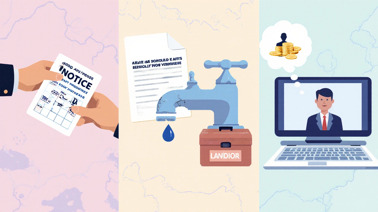 Collage showing a 60‑day rent‑increase notice, a leaking faucet with repair tools, and a video‑call mediation scene.