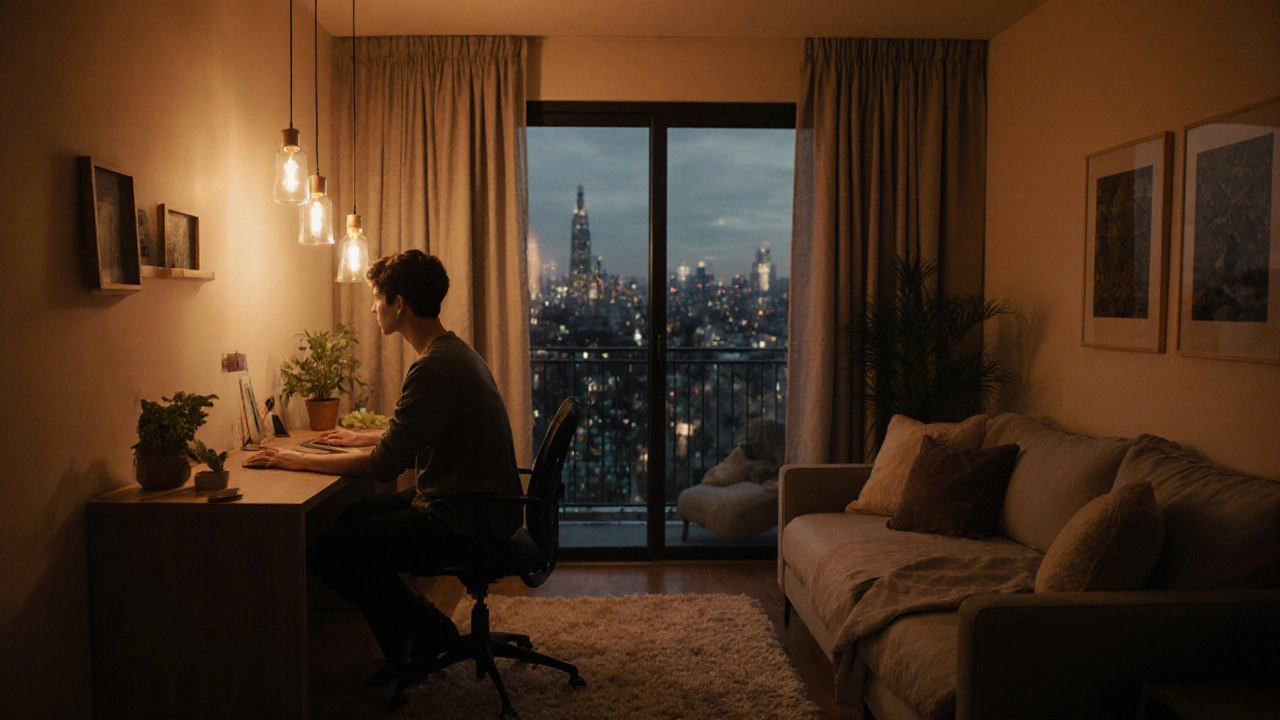 Couple using a wall desk and daybed in a warm, cozy 550 sqft apartment at dusk.