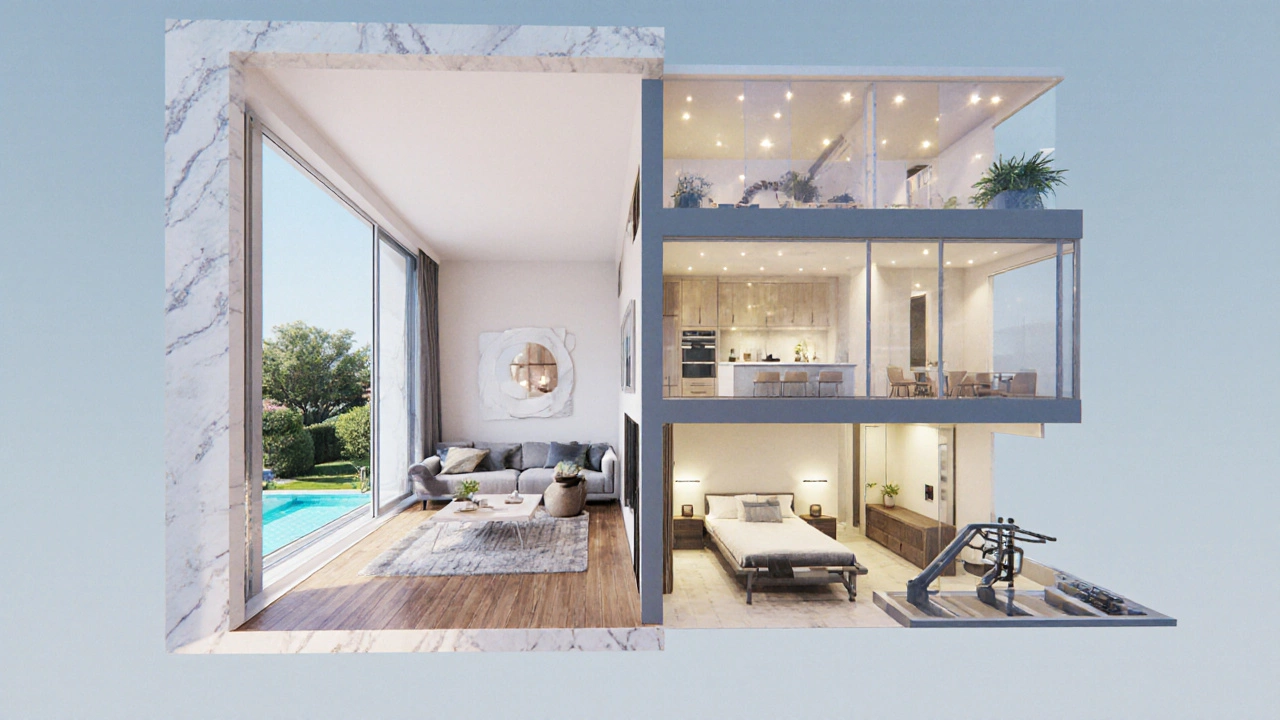 Cutaway illustration showing spacious villa interior versus compact townhouse layout.