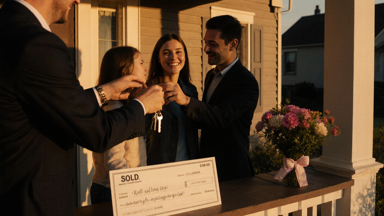 Family receiving house keys and a grant check in front of a sold home at sunset.