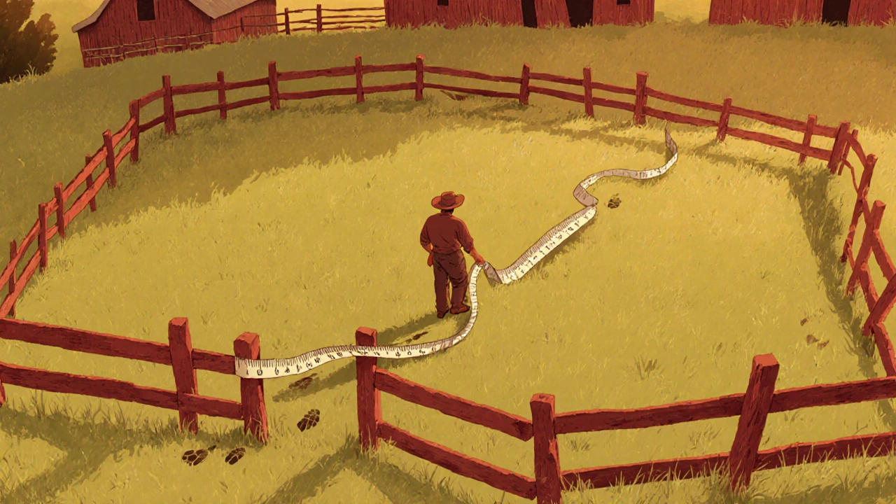 Farmer measuring a 0.56‑mile side of a 200‑acre square field with tape and fence.