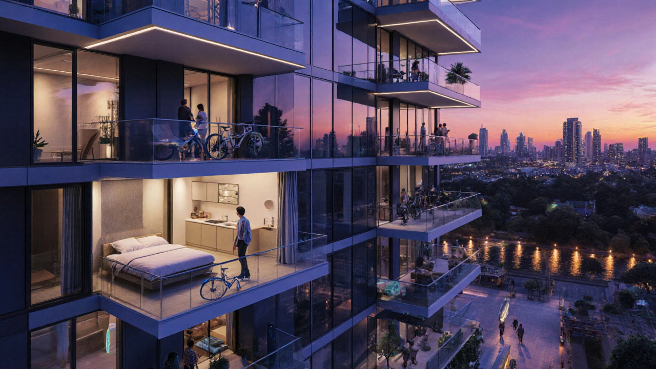 Futuristic Melbourne micro‑apartment tower with balconies and residents enjoying smart‑home features.