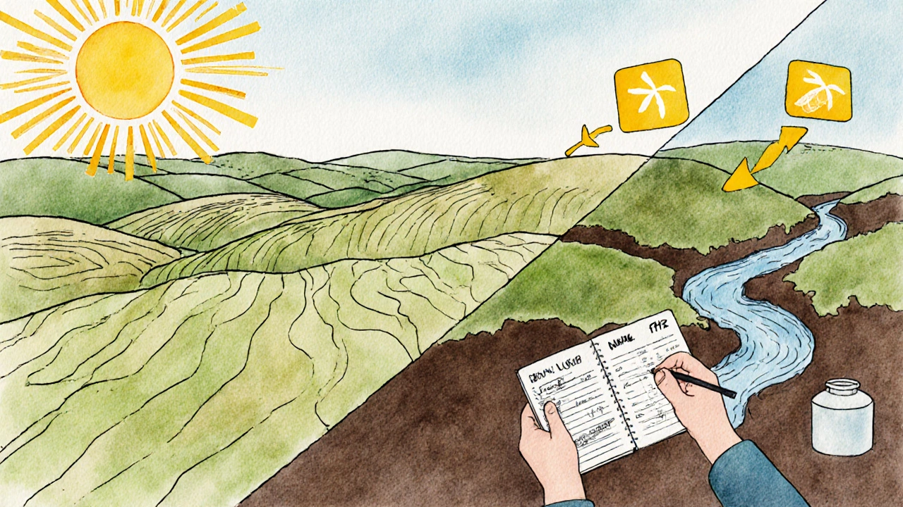 Illustrated aerial view of land showing hills, stream, soil test kit, and solar/wind icons.