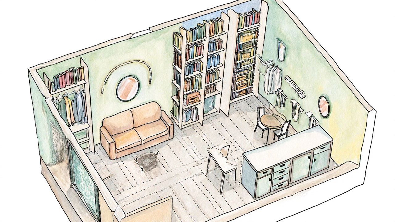 Illustration showing vertical storage, multifunctional furniture, and mirrors in a small apartment.