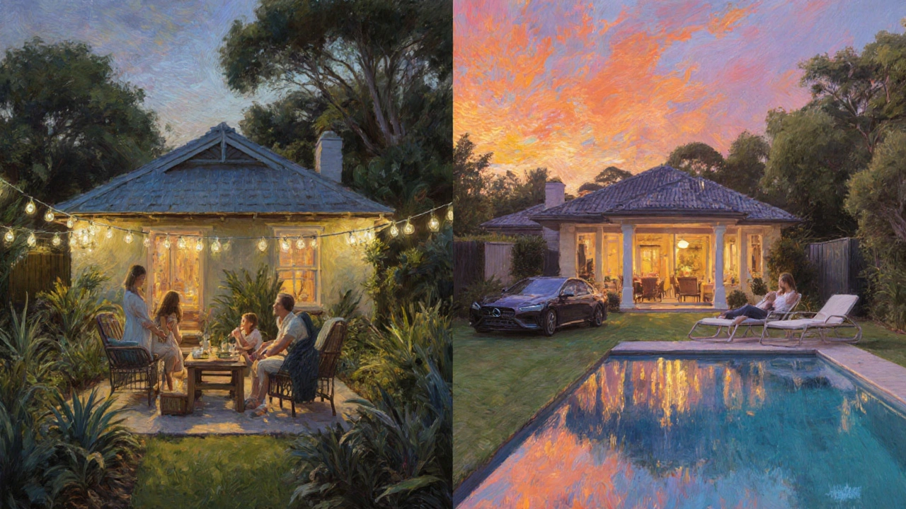 Impressionist split scene showing a cottage garden and a villa with pool at sunset.