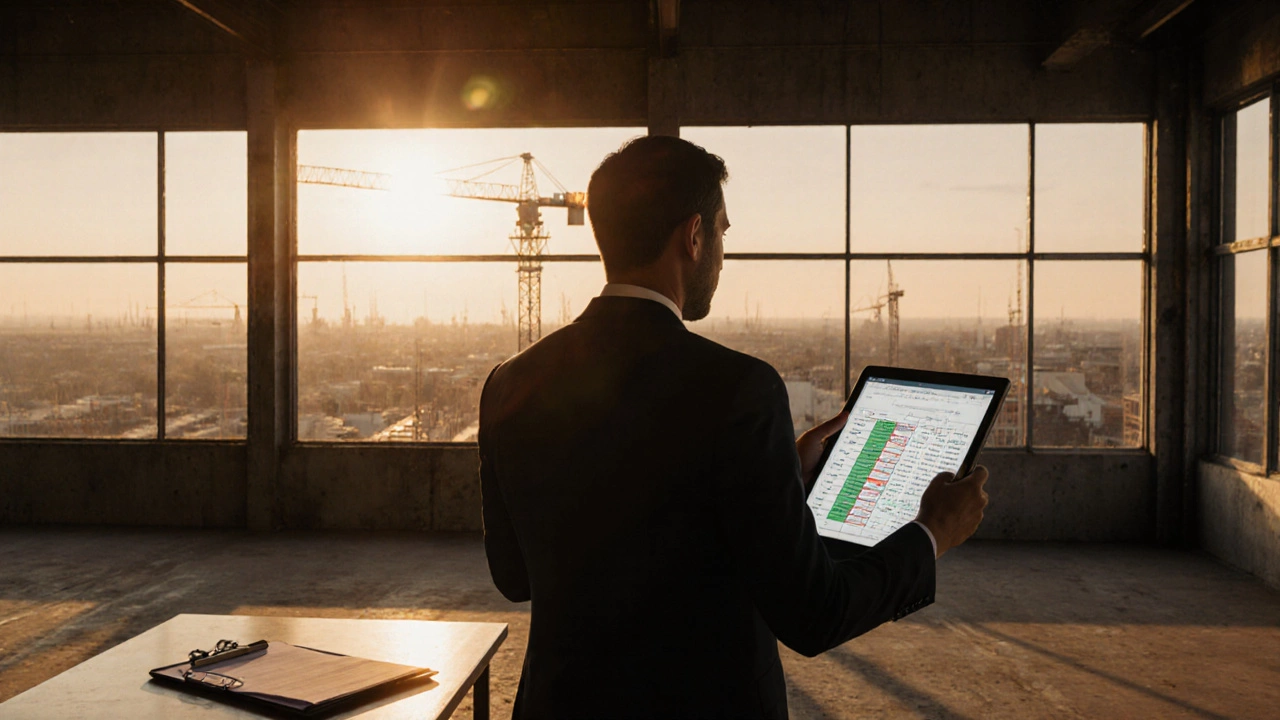 Investor reviewing a tablet inside an industrial warehouse at sunset with a checklist on a table.