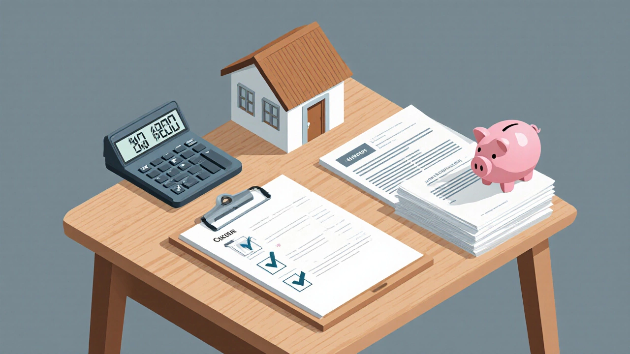 Isometric view of a desk with checklist items, calculator, house model, and piggy bank for home buying.