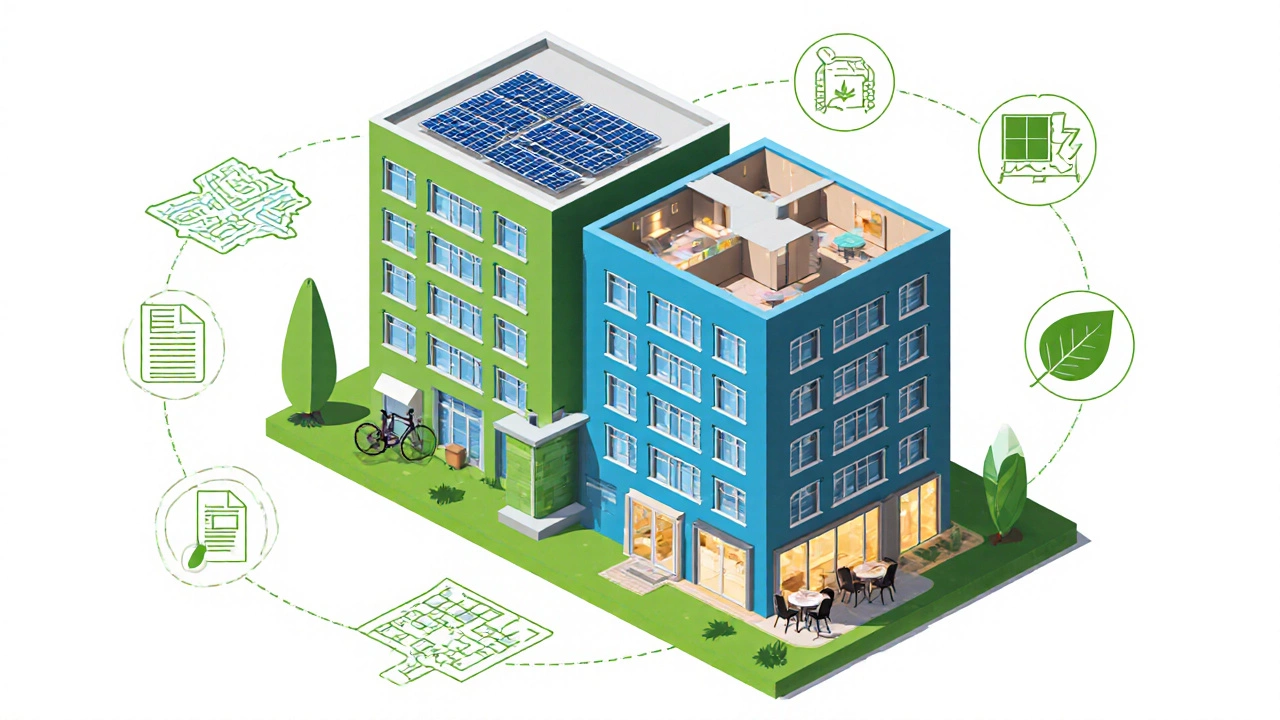 Isometric view of office building upgraded with solar panels, bike room, and café.