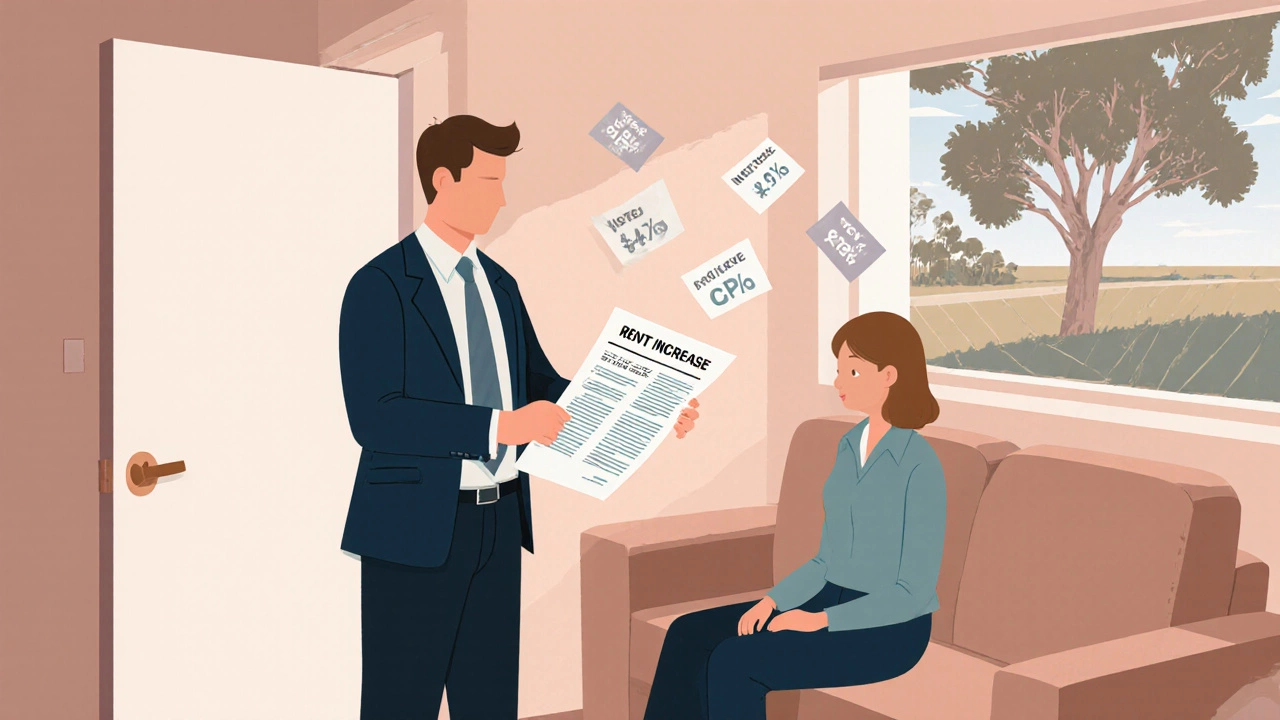 Landlord handing a rent increase notice to tenant on couch, CPI percentage floating nearby.