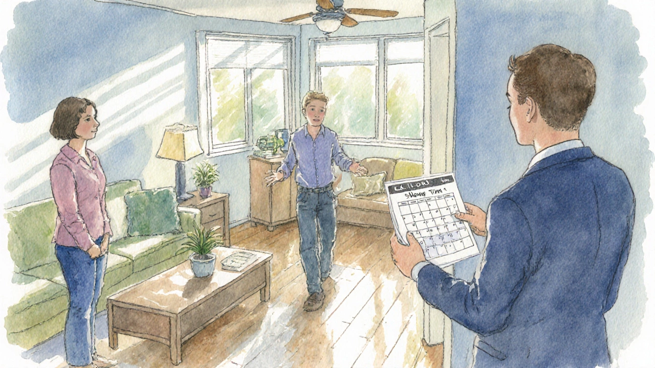 Landlord shows a living room to a couple while the tenant watches.