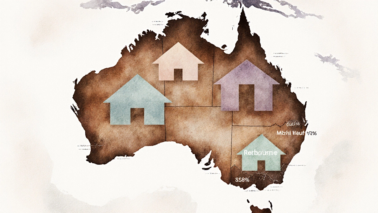 Map of Australia highlighting three cities with different-sized house icons indicating price ranges.