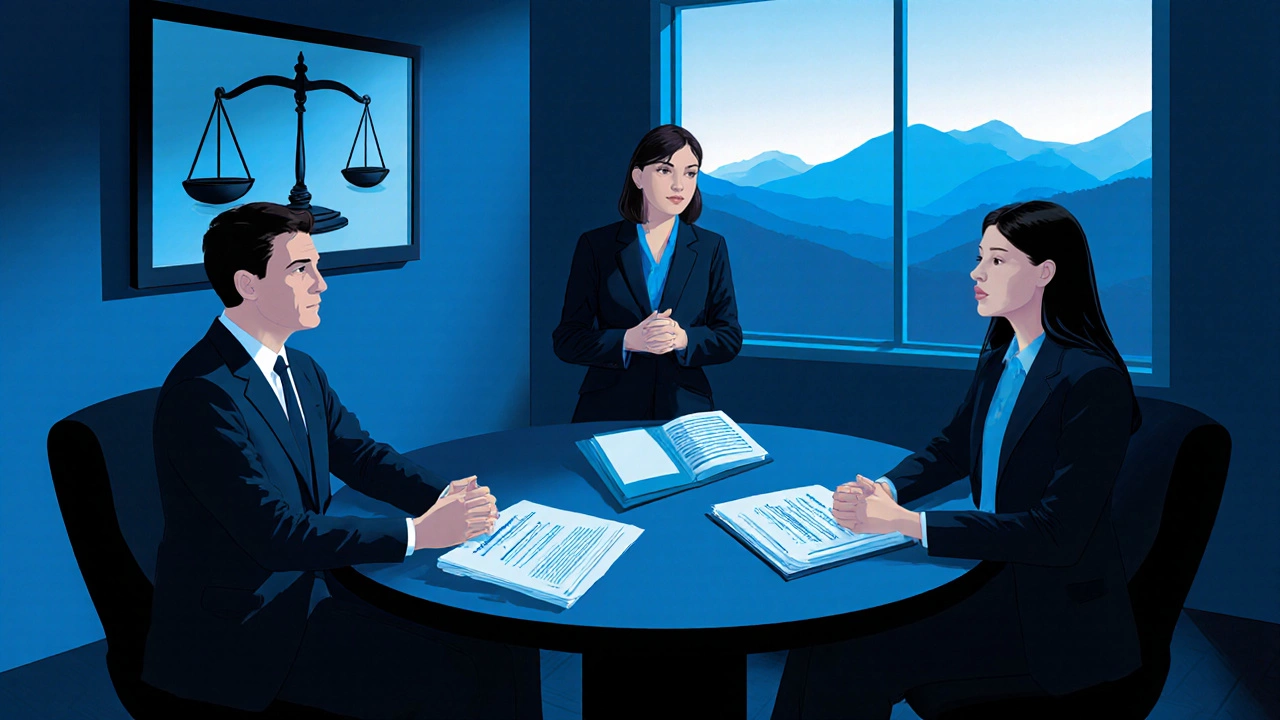 Mediation room with landlord, tenant, and mediator at a table, balanced scales behind them.