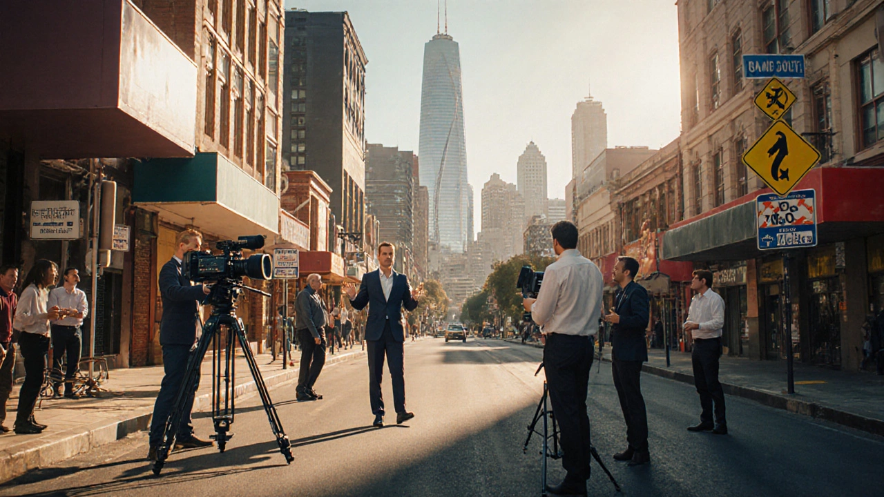 Melbourne street production with crew, camera, actor, and city skyline.