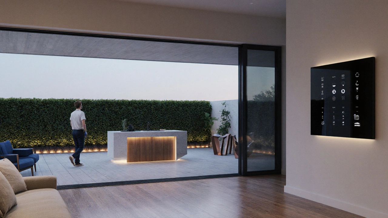 Modern villa interior‑exterior view with smart home features and sleek design.