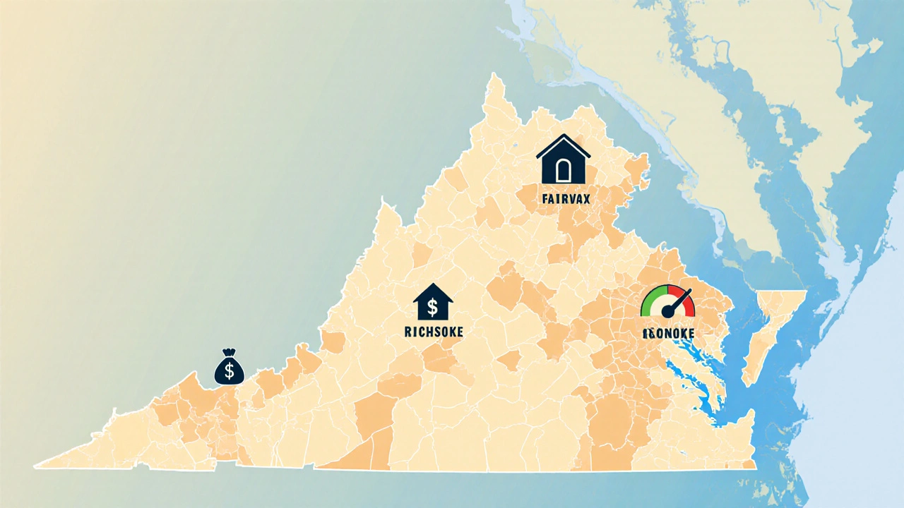 Pastel map of Virginia showing counties with icons for income, credit score, and home price limits.