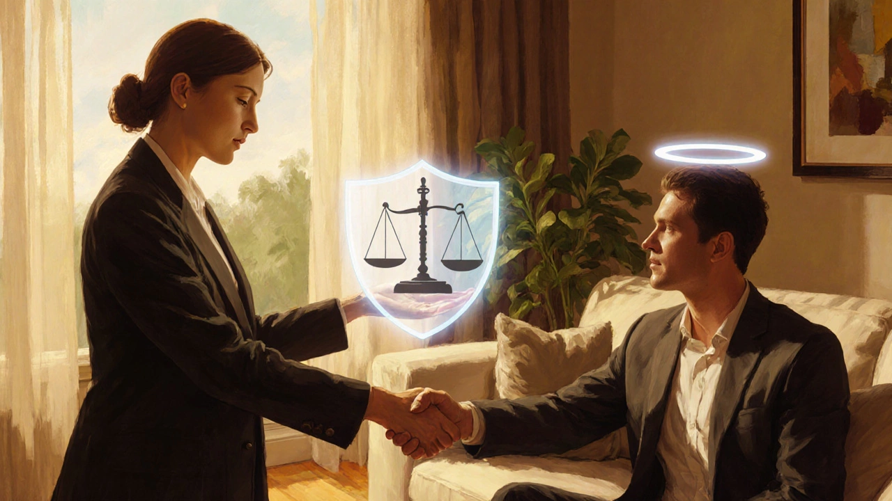 Realtor offering a glowing ethical shield to a homebuyer in a warmly lit living room.