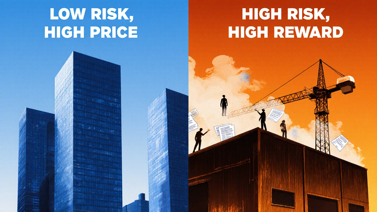 Side-by-side comparison of low-risk CBD office and high-risk warehouse with cap rate labels and lighting contrast.