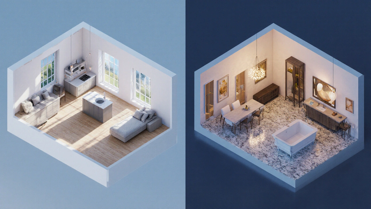 Side‑by‑side interior cut‑away of a cottage and a villa floor plan.