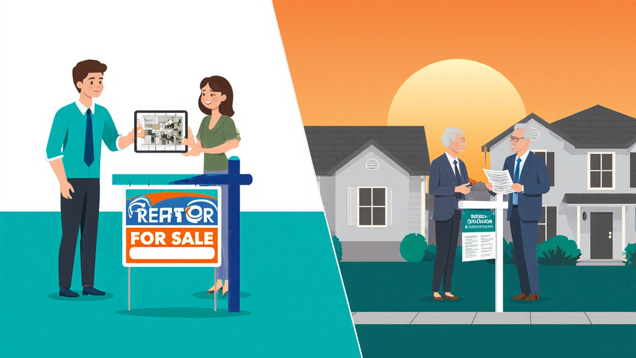 Side‑by‑side scenes of a Realtor and an agent selling a home, showing branding differences.