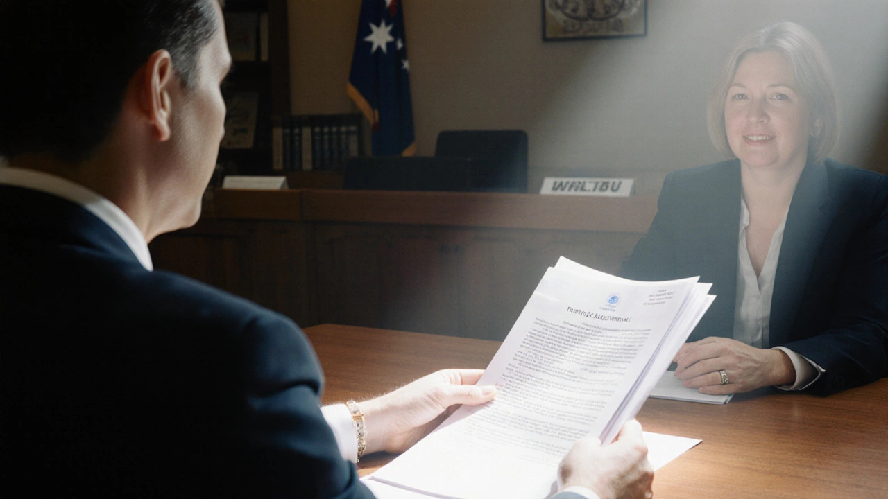 Tenant presenting documents to a magistrate in a tribunal hearing room.