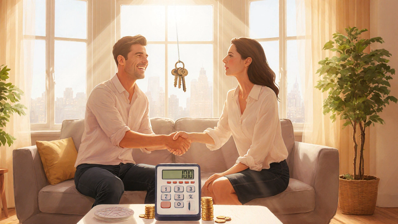Tenant receives keys from landlord with a calculator showing few coins.