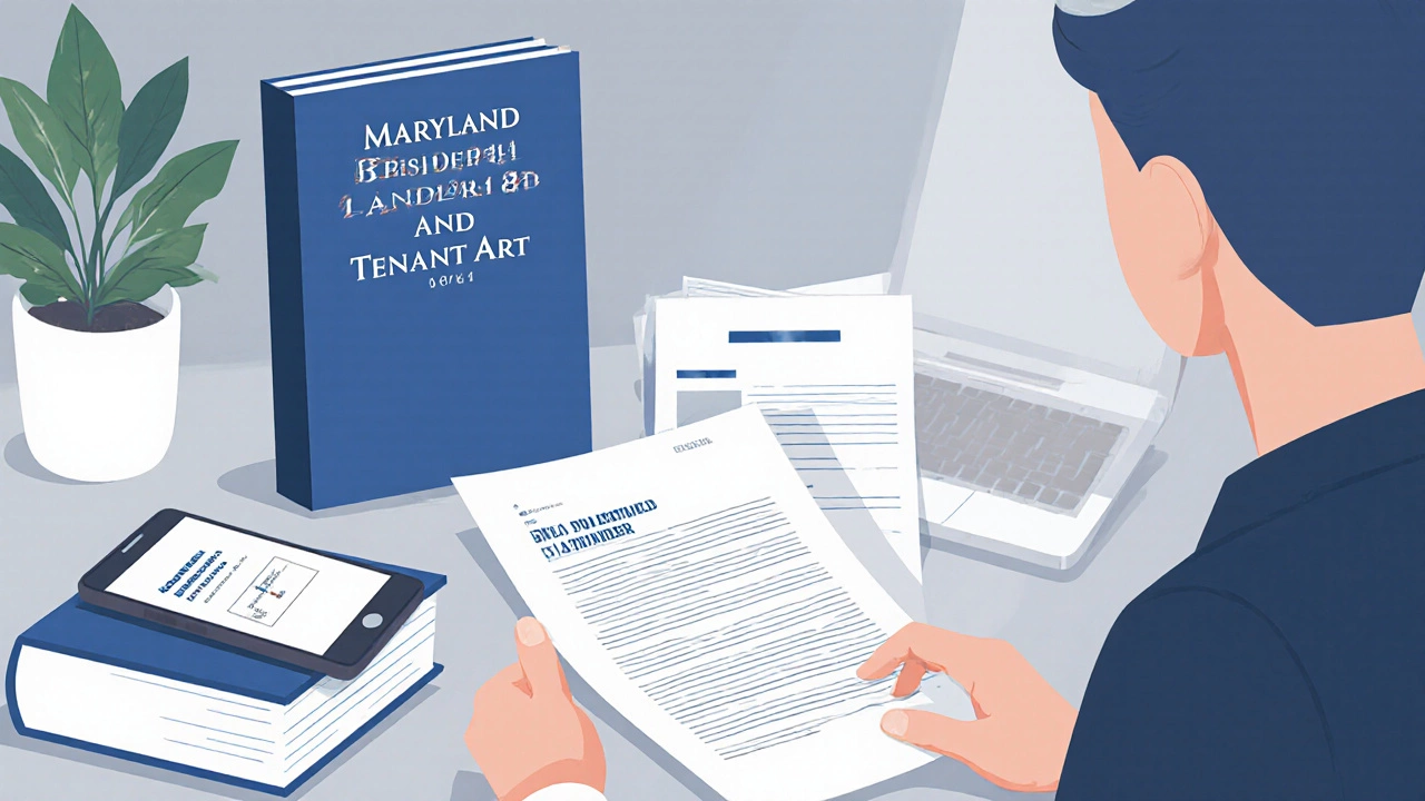 Tenant reviews lease and drafts a reminder letter at a desk.