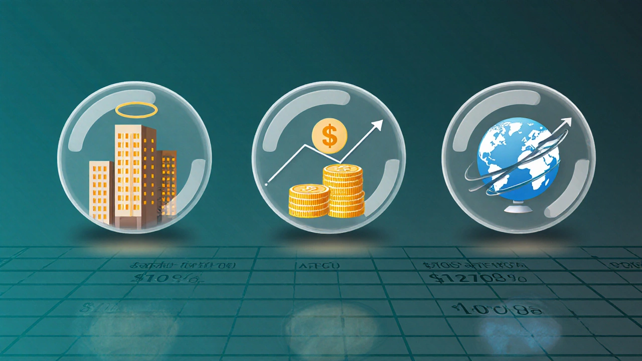 Three floating icons for cap rate, cash‑on‑cash, and IRR above a blurred spreadsheet background.