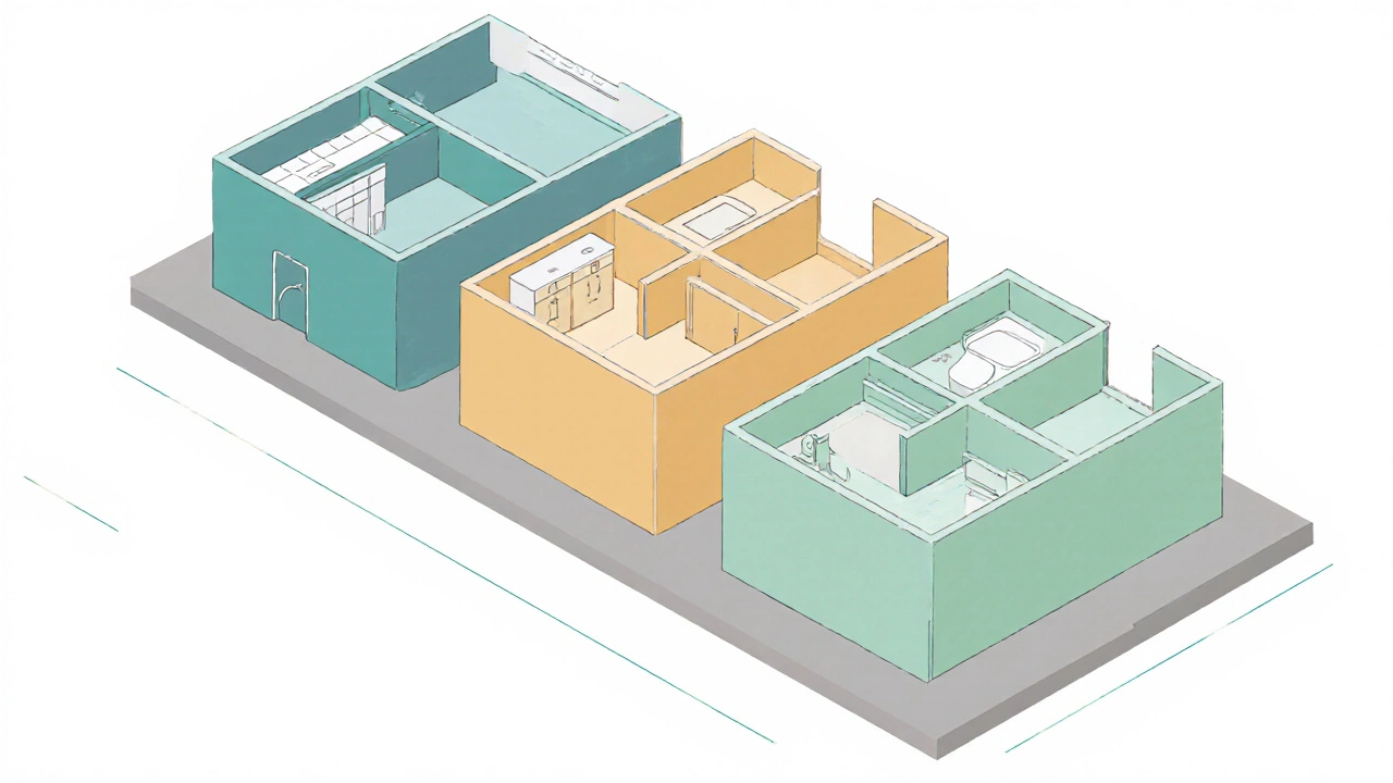 Three floor‑plan renderings of T0, 1BHK, and 2BHK apartments showing size and bedroom differences.