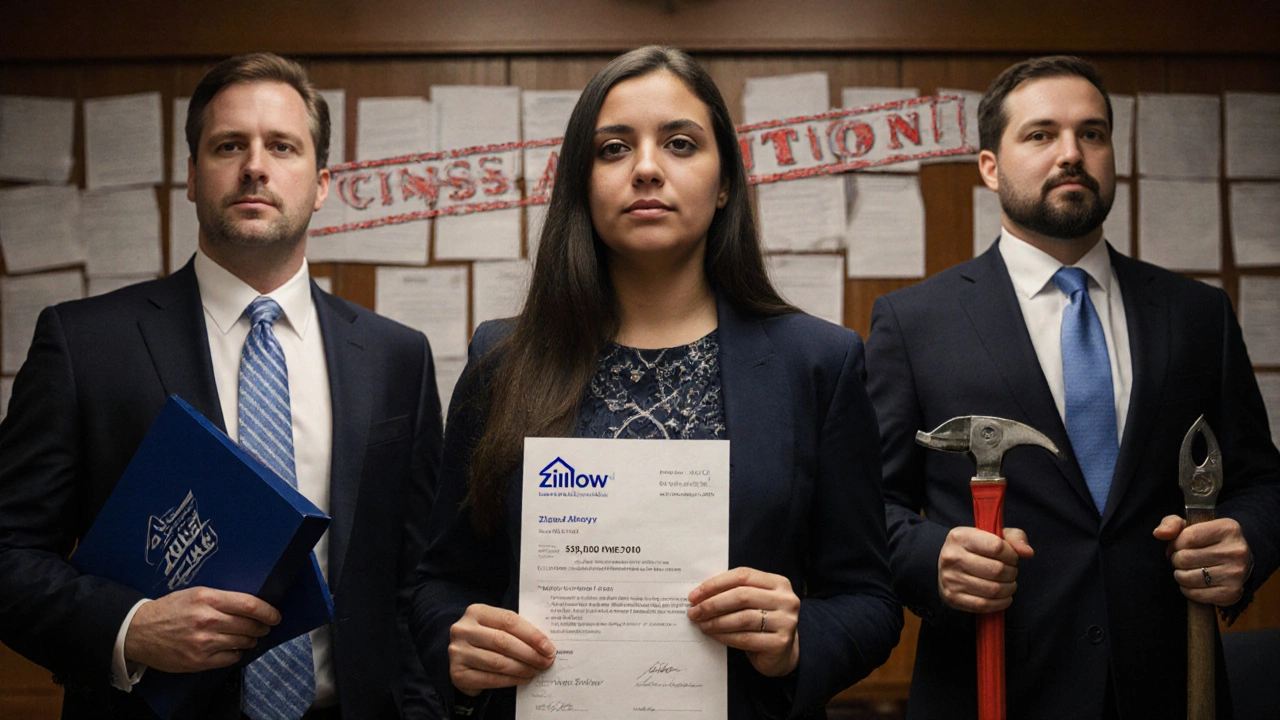 Three groups in a courtroom — investors, a seller, and contractors — facing legal consequences.