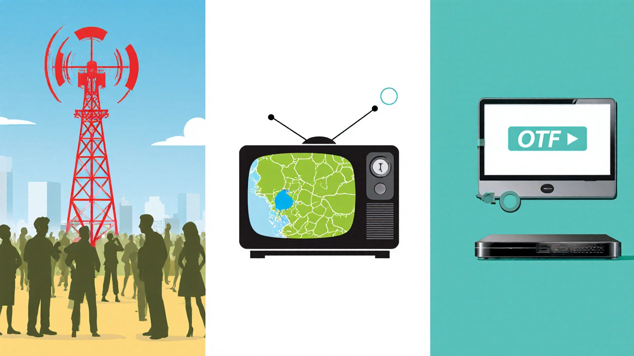 Three panels illustrating national TV, regional TV, and OTT ad distribution.