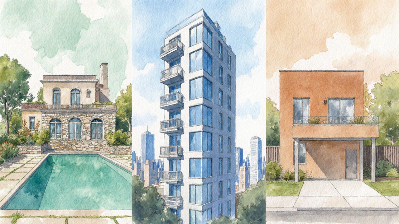 Watercolor comparison of villa, apartment tower, and townhouse side by side.