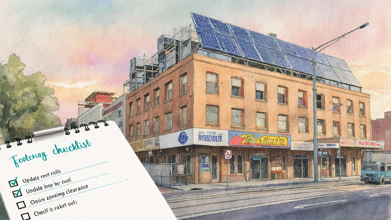 Watercolor of renovated office block with solar panels, café, tram line, and checklist.
