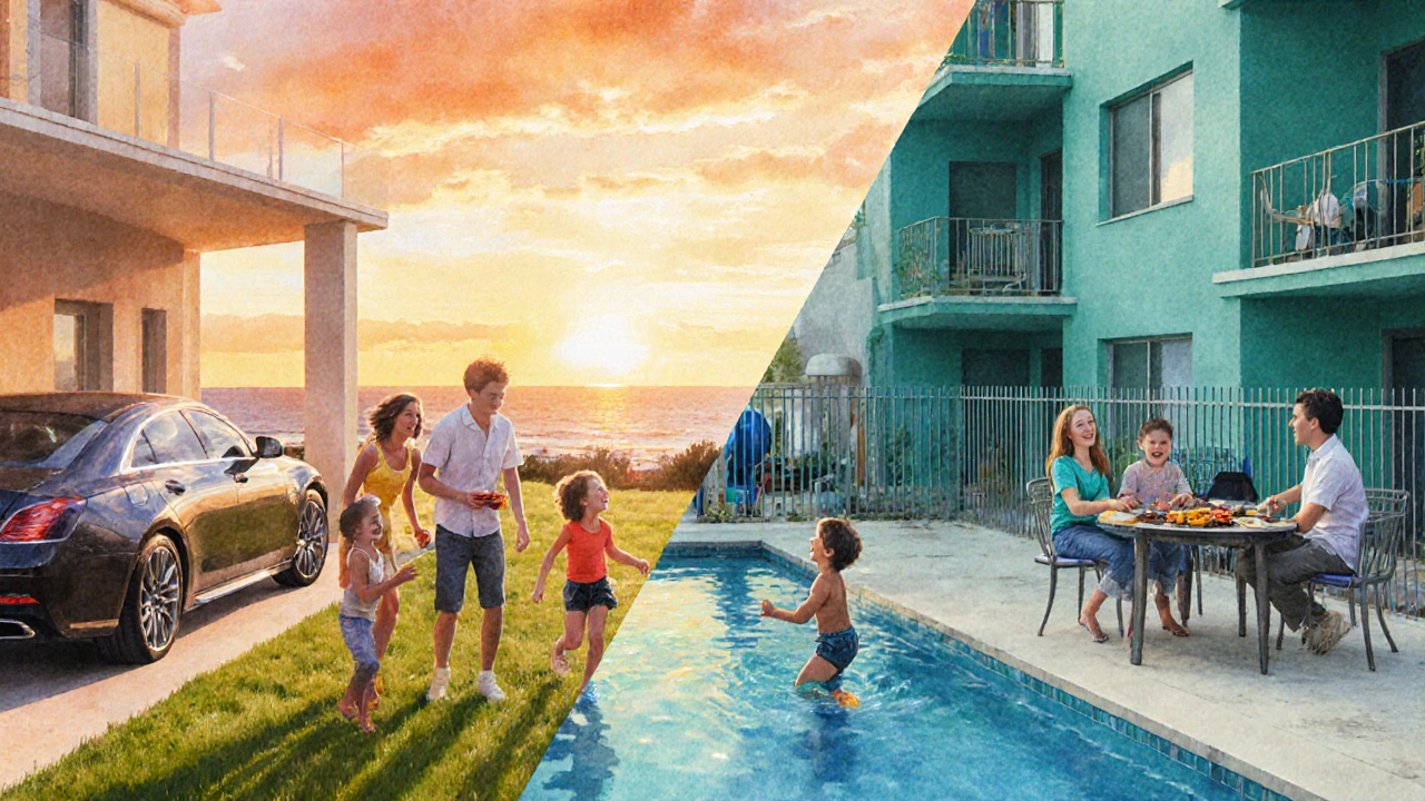 Watercolor scene of two families: one at a private villa pool, the other at a townhouse communal terrace.